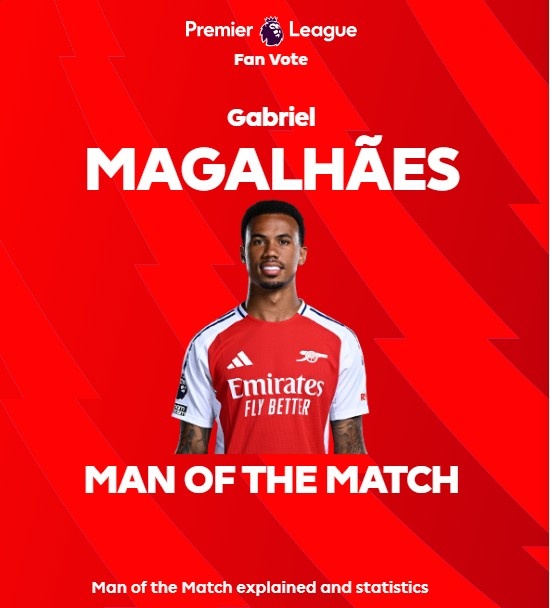 英超官方：加布里埃尔当选阿森纳0-0诺丁汉森林全场最佳